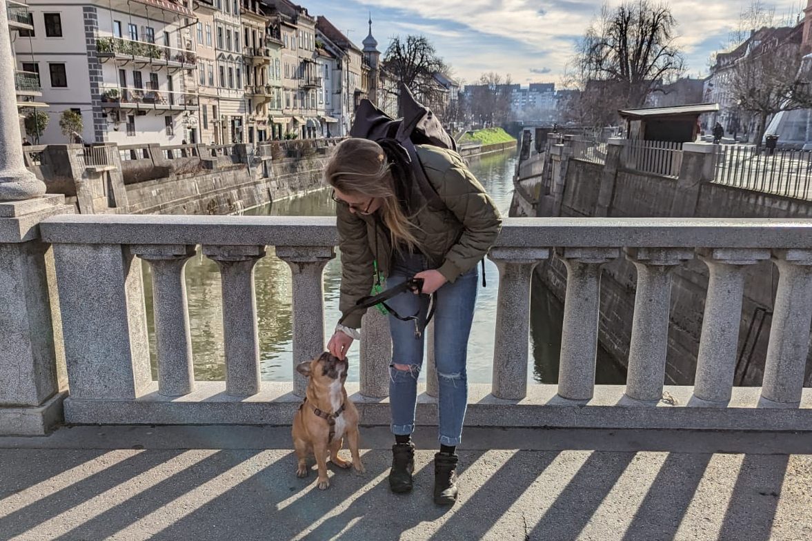 Hundetrainerin mit Hund in einer Großstadt